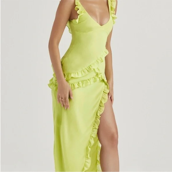 House of CB NWOT Pixie' lime ruffle georgette maxi dress, small